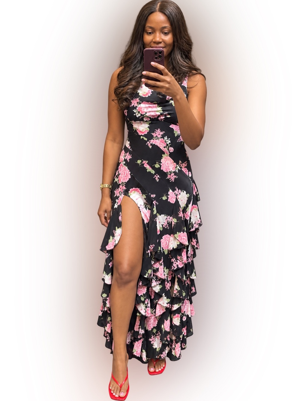City Studio Black Maxi Dress with Pink Floral Ruffles